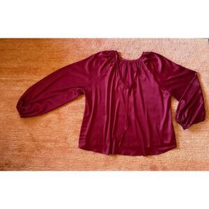 Satin Burgundy Peasant Blouse Long Balloon Sleeves Tie Front XXL